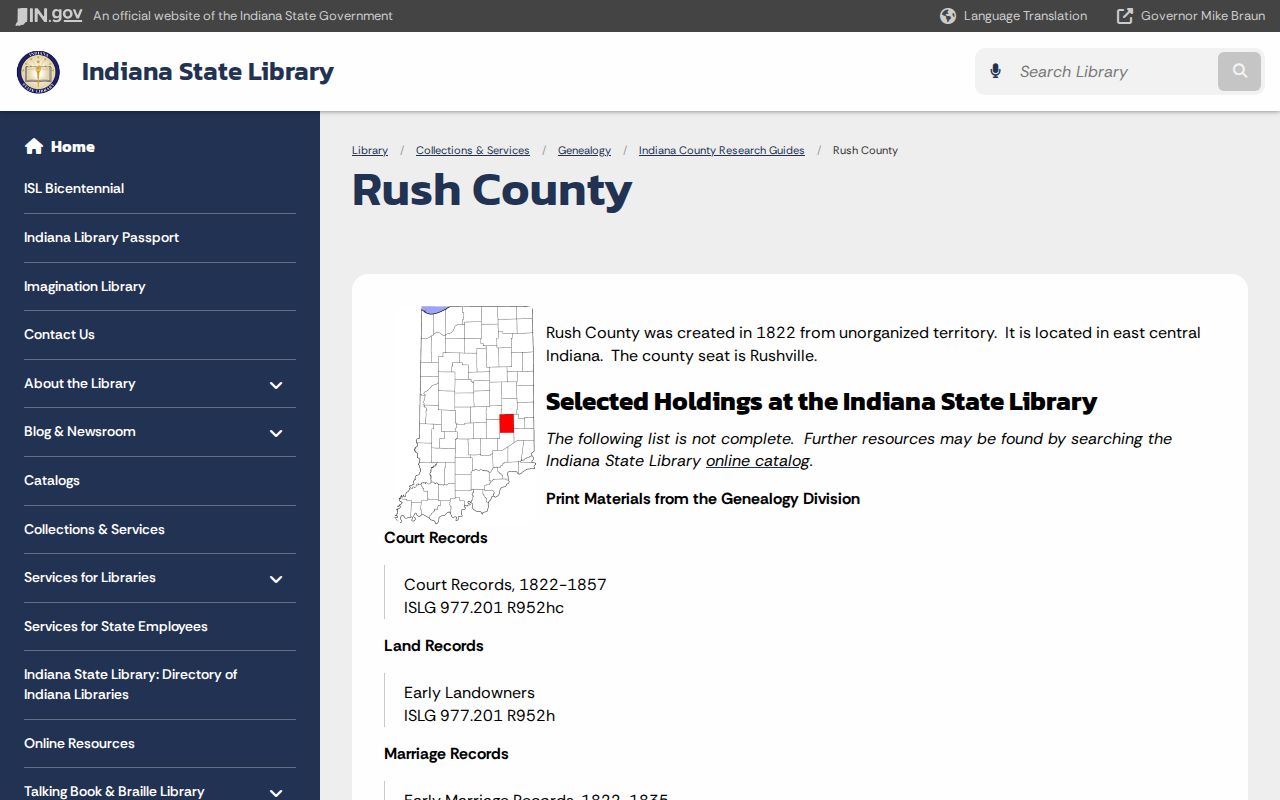 Indiana State Library Rush County records history guide